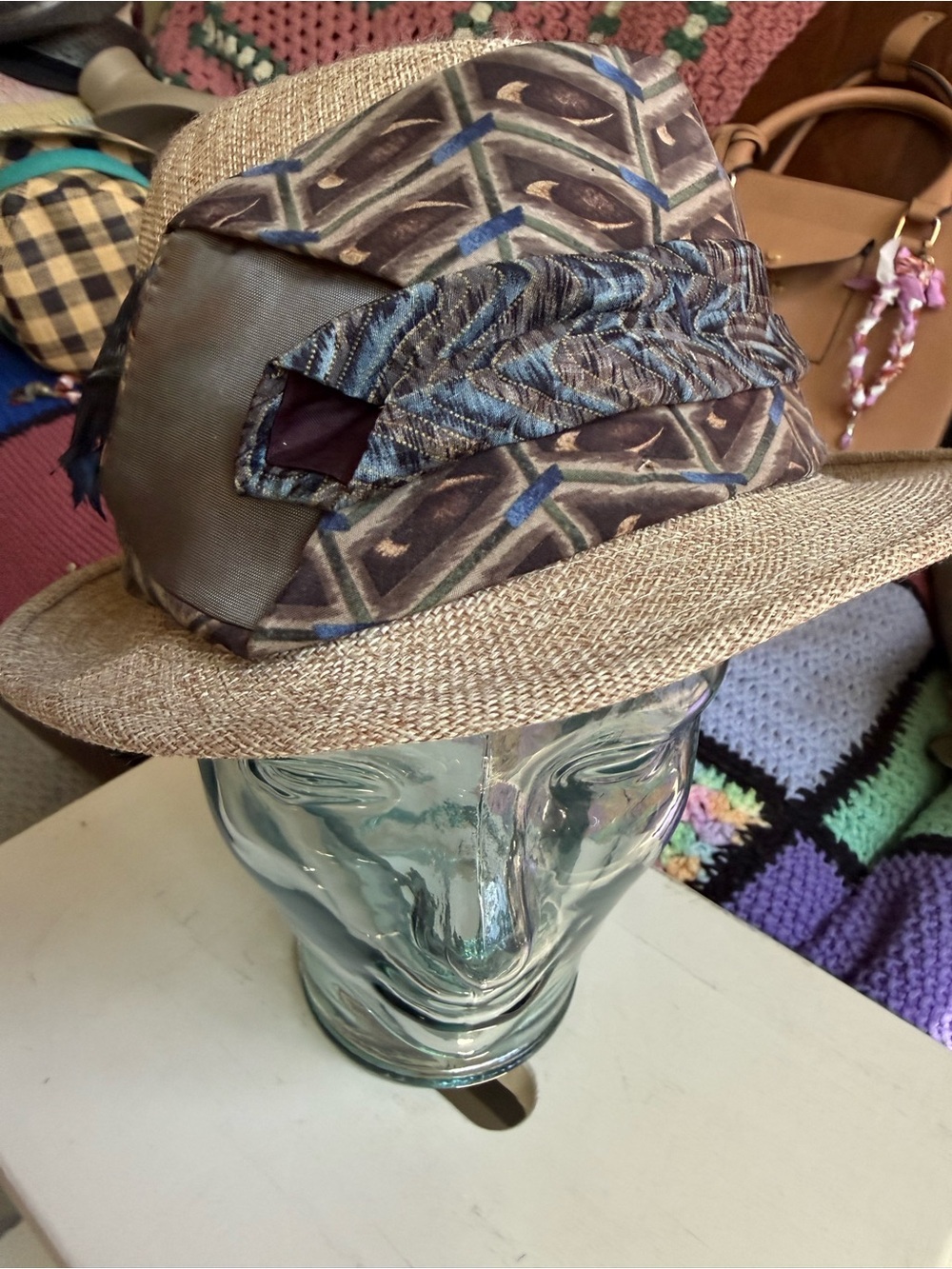 Hand embellished Men’s Straw Fedora with Patterned Band - Beige and Blue